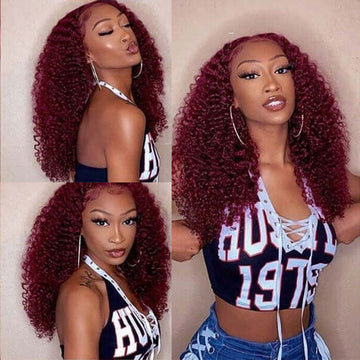 Aliannabelle 99J Burgundy Colored 13x4 Transparent Lace Front Wigs Curly Hair Human Hair Wig 180% Density